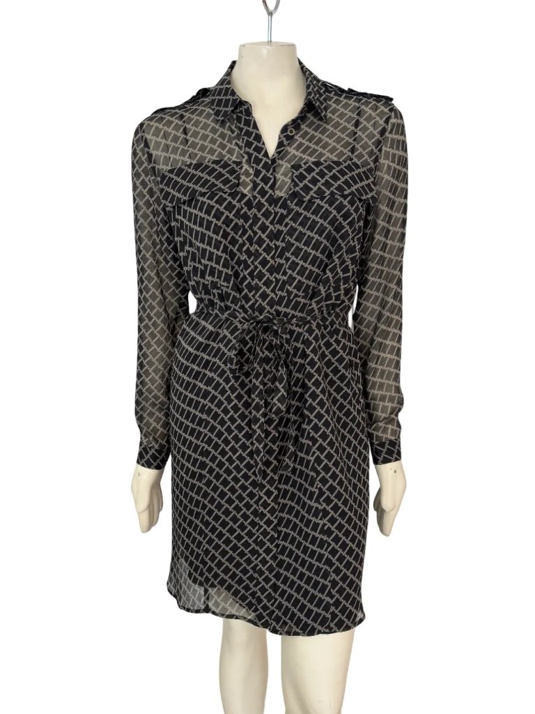 New Club Monaco 100% Silk Chainlink Print Shirt Dress In Black Sz 8